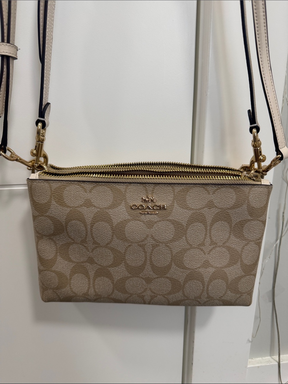 Coach Beige/Tan Signature Canvas Double Zip Crossbody